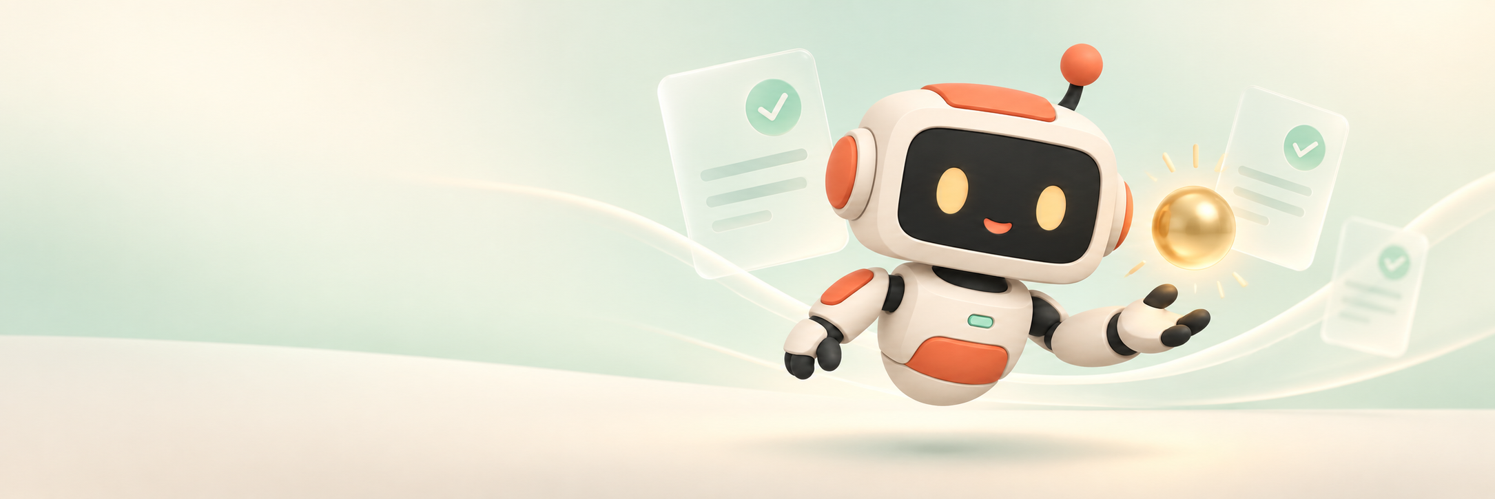 Trulobot, a cream and coral floating robot, beside transparent checklists and a golden orb.
